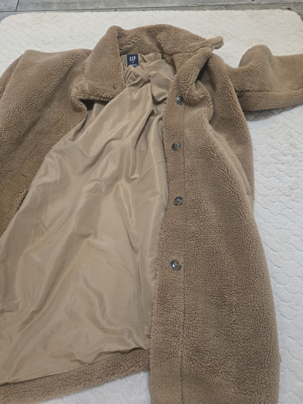 GAP Tan Long Sherpa Button-Front Cozy Preppy Coat, Size X-Large - Picture 4 of 7